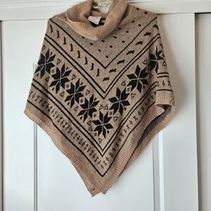 Romeo & Juliet Poncho Womens Medium Brown Fair Isle Mohair Wool Cowl Neck Cozy